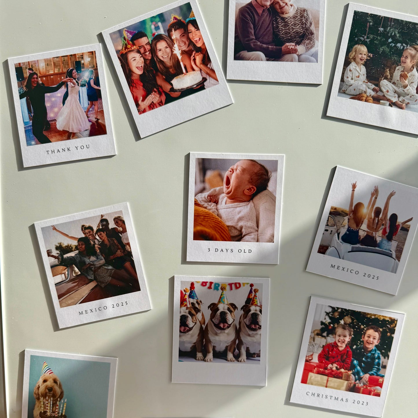 Collection of Polaroid-style photos on a light surface